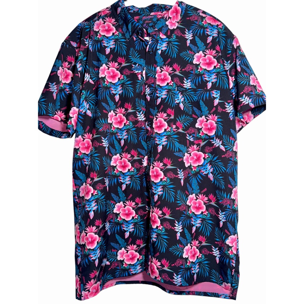 Retro Rifle Hibiscus Floral Hawaiian Shirt Black Pink Button Up Large